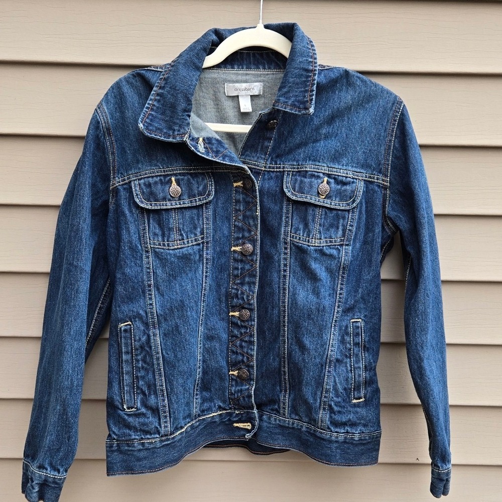 Dressbarn Womens Dark Wash Blue Denim Trucker Jacket 100% Cotton Size Large